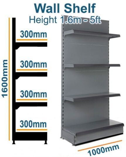 Wall Shelf Slim 5 feet - 1.6m Base 300mm (1feet) Top Shelves 300mm (1feet) shop shelving